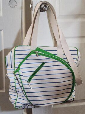 Ame & Lulu Hamptons White/Green/Blue Canvass Tennis bag/tote